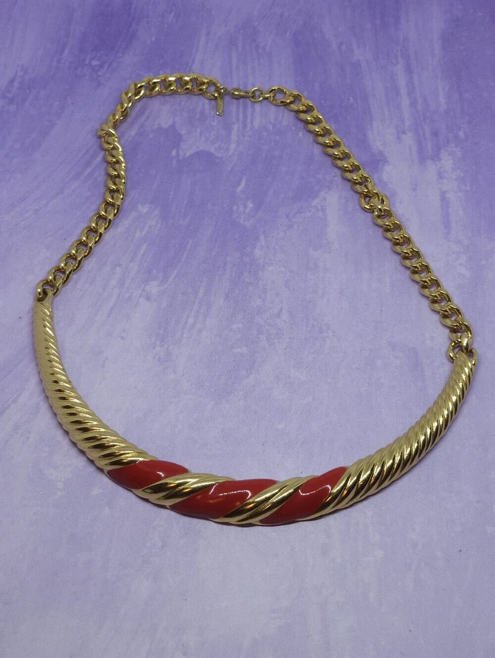 Vintage Monet 70s Red Enamel &Gold Tone Choker Necklace